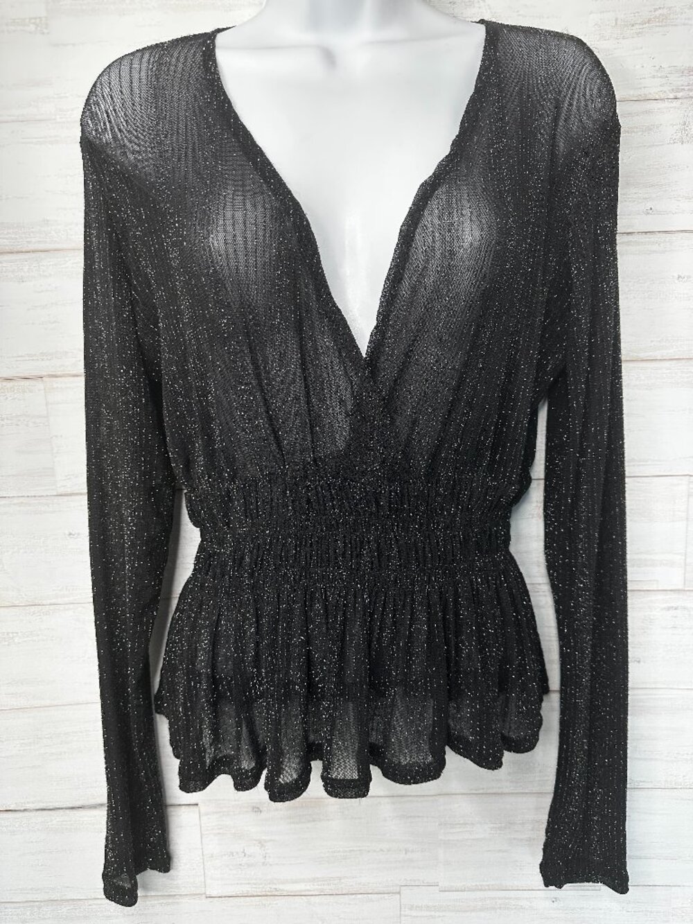 Forever 21 Contemporary Womens Black Shimmer Mesh Peplum Top Size Medium